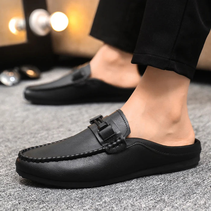 Lightweight Half Shoes For Men Mules Summer Man Slides Slip On Flats Men Driving Casual Shoes Leather Semi-Drag Loafers Slippers