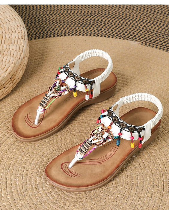 Women Low Heel Flat Sandals – Beaded Summer Flip Flops