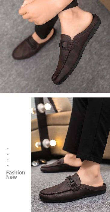 Lightweight Half Shoes For Men Mules Summer Man Slides Slip On Flats Men Driving Casual Shoes Leather Semi-Drag Loafers Slippers