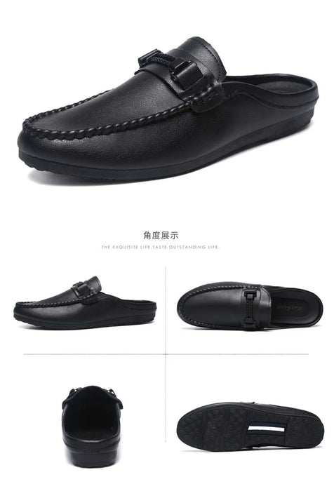 Lightweight Half Shoes For Men Mules Summer Man Slides Slip On Flats Men Driving Casual Shoes Leather Semi-Drag Loafers Slippers