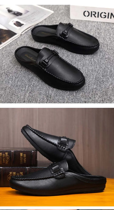 Lightweight Half Shoes For Men Mules Summer Man Slides Slip On Flats Men Driving Casual Shoes Leather Semi-Drag Loafers Slippers