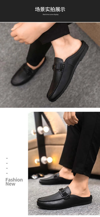 Lightweight Half Shoes For Men Mules Summer Man Slides Slip On Flats Men Driving Casual Shoes Leather Semi-Drag Loafers Slippers
