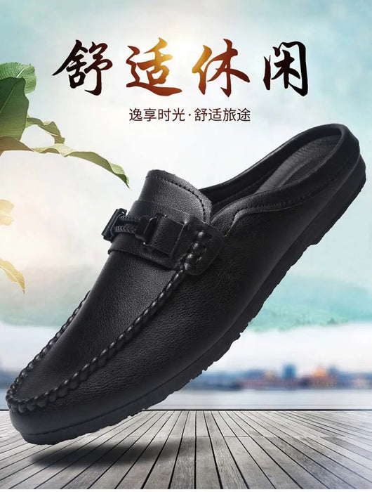 Lightweight Half Shoes For Men Mules Summer Man Slides Slip On Flats Men Driving Casual Shoes Leather Semi-Drag Loafers Slippers