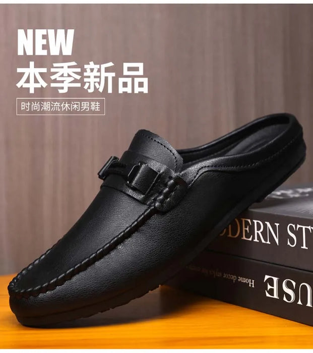 Lightweight Half Shoes For Men Mules Summer Man Slides Slip On Flats Men Driving Casual Shoes Leather Semi-Drag Loafers Slippers