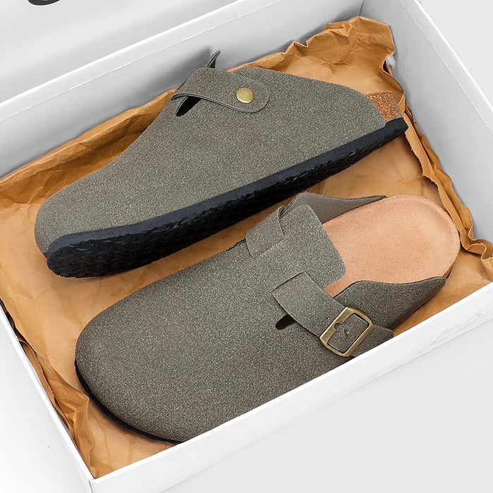 Suede Leather Cork Clogs – Comfortable Closed Toe Footbed Sandals