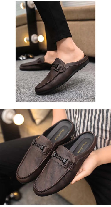 Lightweight Half Shoes For Men Mules Summer Man Slides Slip On Flats Men Driving Casual Shoes Leather Semi-Drag Loafers Slippers