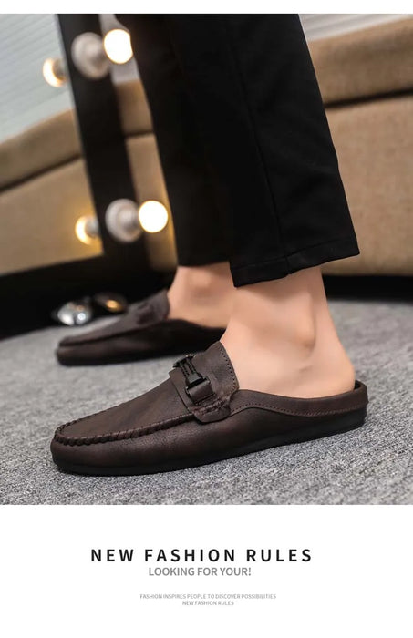 Lightweight Half Shoes For Men Mules Summer Man Slides Slip On Flats Men Driving Casual Shoes Leather Semi-Drag Loafers Slippers