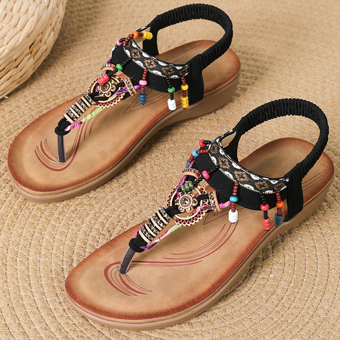 Women Low Heel Flat Sandals – Beaded Summer Flip Flops