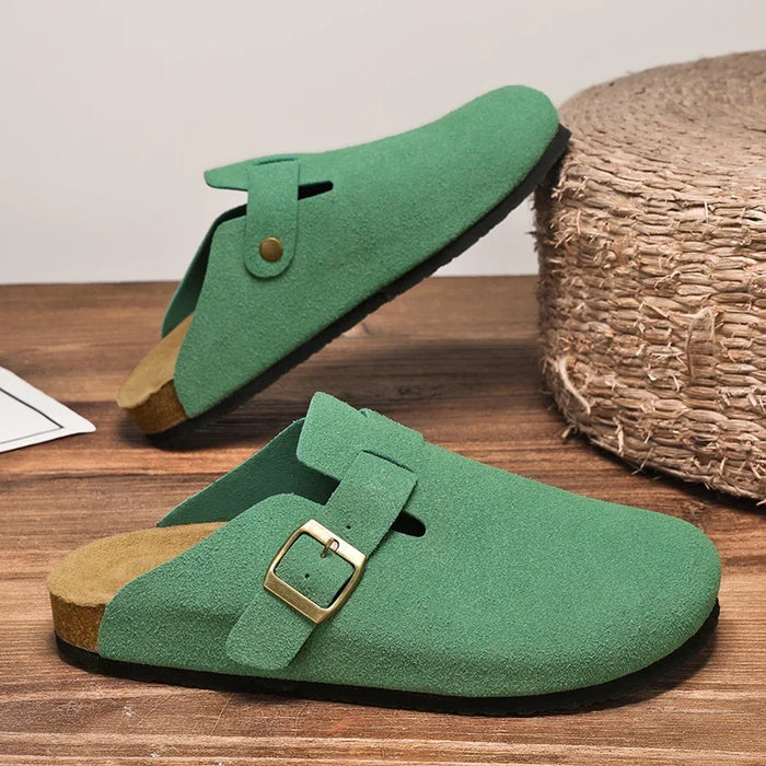 Suede Leather Cork Clogs – Comfortable Closed Toe Footbed Sandals