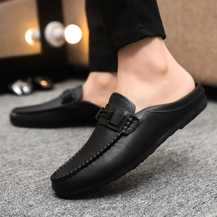 Lightweight Half Shoes For Men Mules Summer Man Slides Slip On Flats Men Driving Casual Shoes Leather Semi-Drag Loafers Slippers