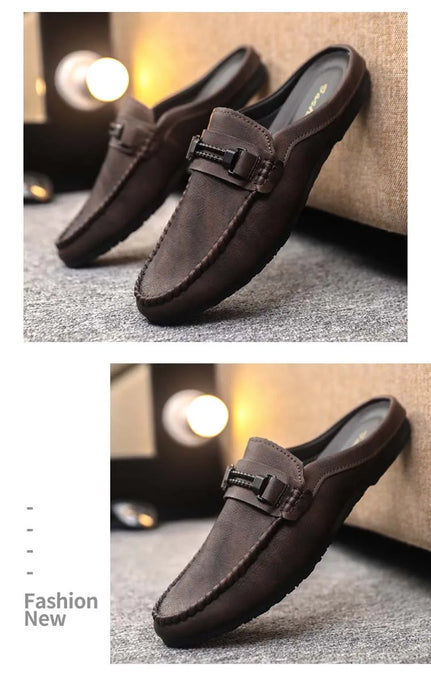 Lightweight Half Shoes For Men Mules Summer Man Slides Slip On Flats Men Driving Casual Shoes Leather Semi-Drag Loafers Slippers