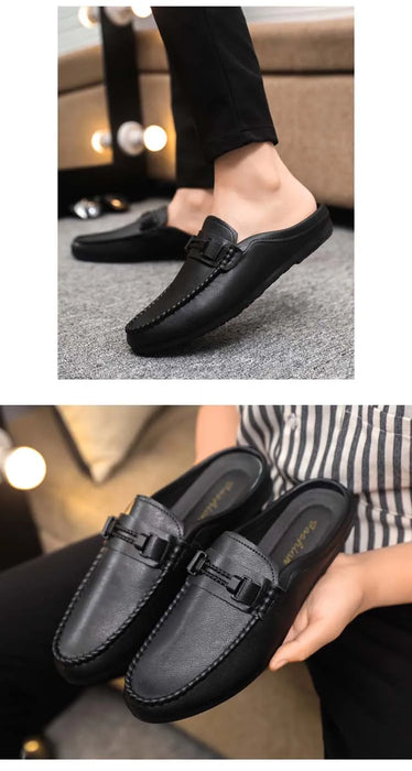 Lightweight Half Shoes For Men Mules Summer Man Slides Slip On Flats Men Driving Casual Shoes Leather Semi-Drag Loafers Slippers