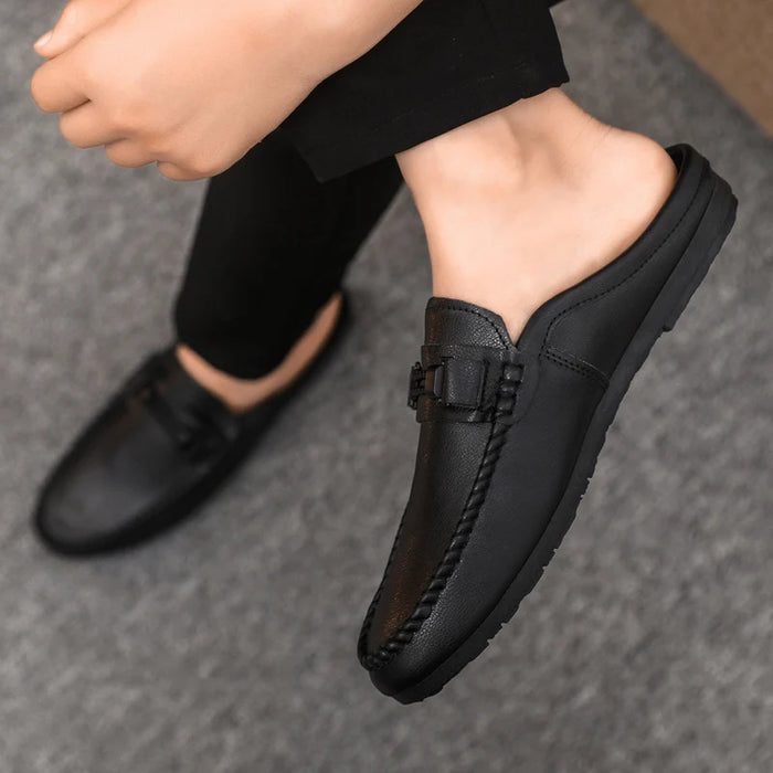 Lightweight Half Shoes For Men Mules Summer Man Slides Slip On Flats Men Driving Casual Shoes Leather Semi-Drag Loafers Slippers
