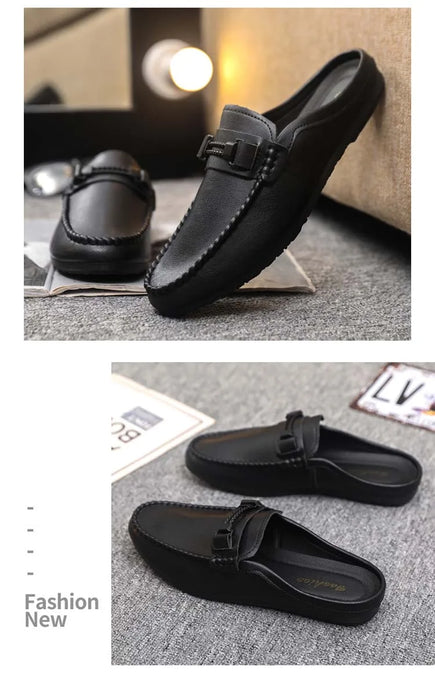 Lightweight Half Shoes For Men Mules Summer Man Slides Slip On Flats Men Driving Casual Shoes Leather Semi-Drag Loafers Slippers