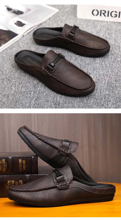 Lightweight Half Shoes For Men Mules Summer Man Slides Slip On Flats Men Driving Casual Shoes Leather Semi-Drag Loafers Slippers