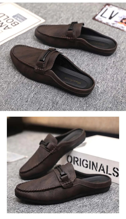 Lightweight Half Shoes For Men Mules Summer Man Slides Slip On Flats Men Driving Casual Shoes Leather Semi-Drag Loafers Slippers