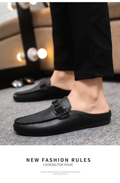 Lightweight Half Shoes For Men Mules Summer Man Slides Slip On Flats Men Driving Casual Shoes Leather Semi-Drag Loafers Slippers