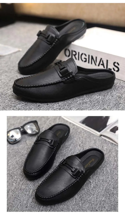 Lightweight Half Shoes For Men Mules Summer Man Slides Slip On Flats Men Driving Casual Shoes Leather Semi-Drag Loafers Slippers