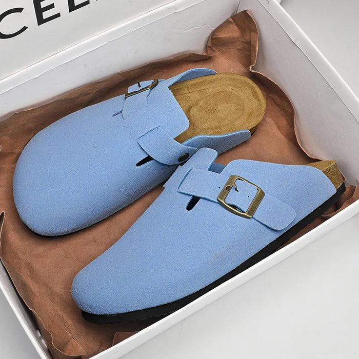 Suede Leather Cork Clogs – Comfortable Closed Toe Footbed Sandals